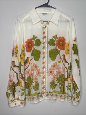Rose + Olive Bird Print Long Sleeve Sheer Button Down Blouse Large Bohemian